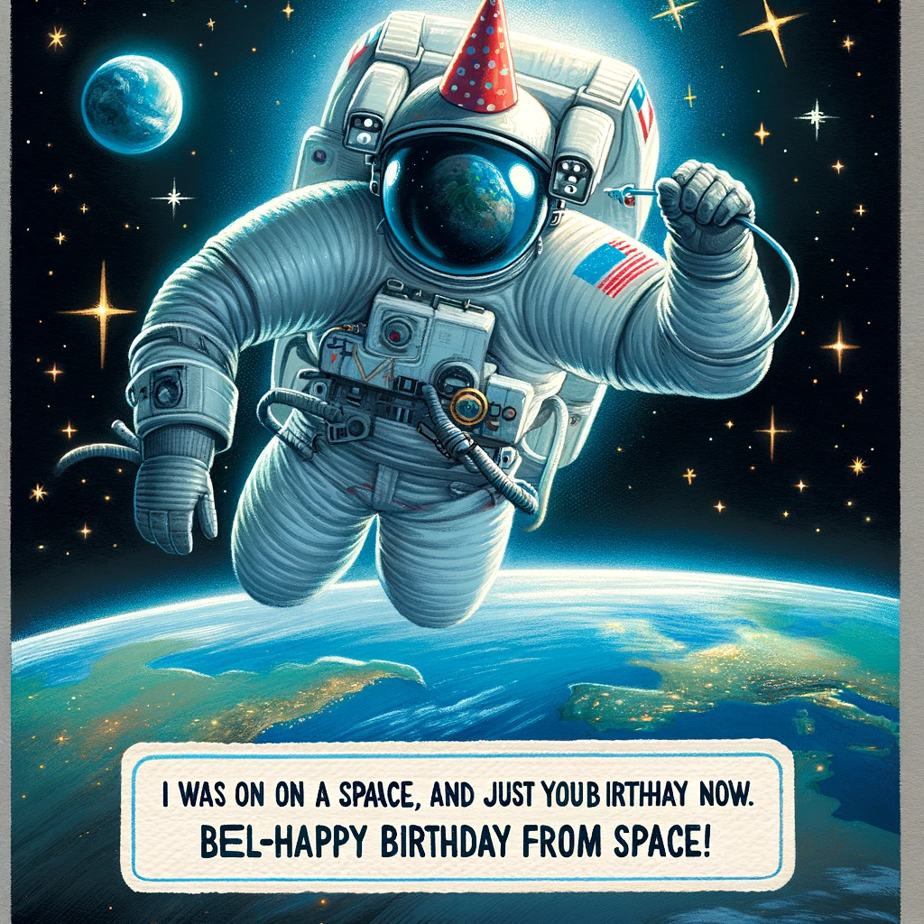 An astronaut floating in space, looking at Earth with a party hat on. The background shows a vast expanse of space with stars and the Earth visible. Include a caption at the bottom: 'I was on a space mission and just got your birthday signal now. Belated happy birthday from space!'