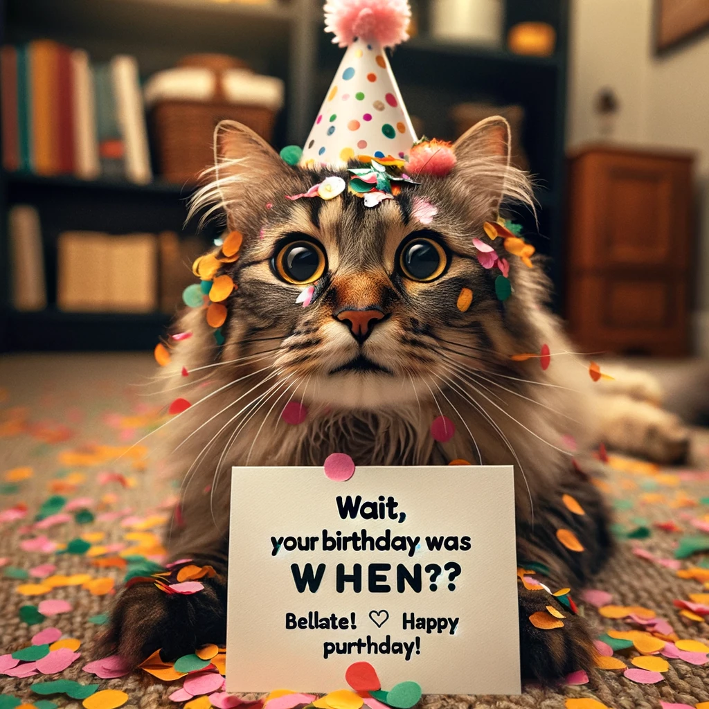 A cat looking surprised and covered in confetti, wearing a small party hat. Next to the cat is a belated birthday card. The setting is a cozy room. Include a caption at the bottom: 'Wait, your birthday was when? Belated happy purr-thday!'