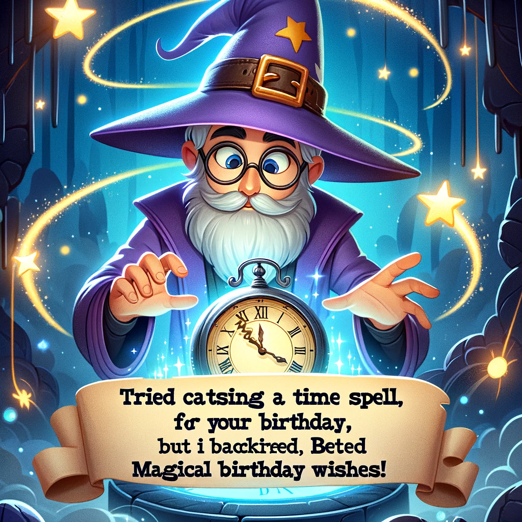 A cartoon wizard casting a spell on a floating clock, surrounded by magical sparks. The wizard looks focused and determined. The background is a mystical setting with glowing magical elements. Include a caption at the bottom: 'Tried casting a time spell for your birthday, but it backfired. Belated magical birthday wishes!'