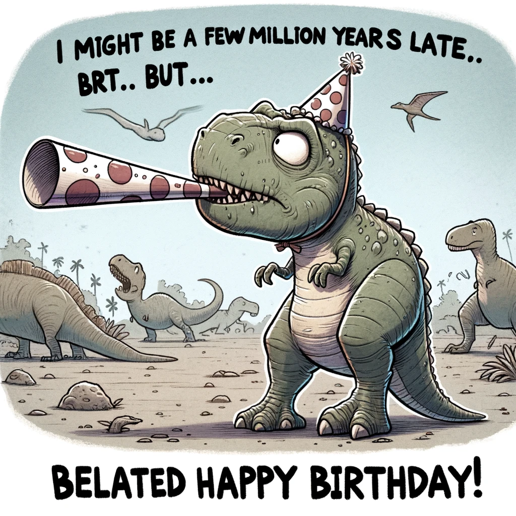 A cartoon T-Rex wearing a party hat, trying to blow a party horn but failing due to its short arms. The T-Rex looks comically frustrated. The background is a prehistoric landscape with other dinosaurs. Include a caption at the bottom: 'I might be a few million years late, but... belated happy birthday!'