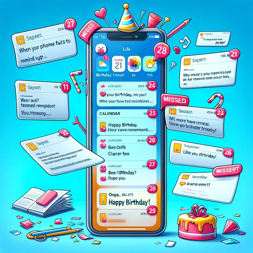 An image of a smartphone with a bunch of missed reminder notifications for a birthday. The screen shows various notifications and a calendar app with a marked date. Include a caption at the bottom: 'When your phone fails to remind you... Oops, belated happy birthday!'