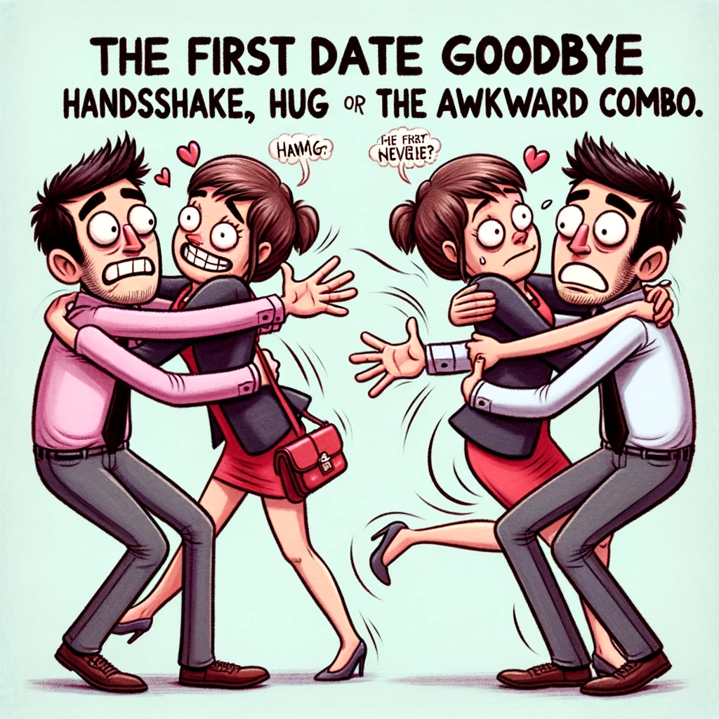 An image depicting an awkward hug at the end of a date, where one person goes in for a handshake and the other for a hug, leading to a clumsy tangle. The scene captures the awkwardness and confusion of the moment in a humorous and cartoonish style. The characters should have exaggerated expressions to enhance the comedy. The caption reads: "The first date goodbye: handshake, hug, or the awkward combo."
