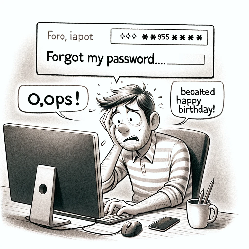 An image depicting a person looking frustrated and confused, sitting in front of a computer trying to remember a password. The scene should convey a sense of forgetfulness and mild exasperation. The caption at the bottom reads: "Forgot my password and just got back online. Oops, belated happy birthday!" The overall mood of the image is light-hearted and comical, emphasizing the common annoyance of forgetting passwords.