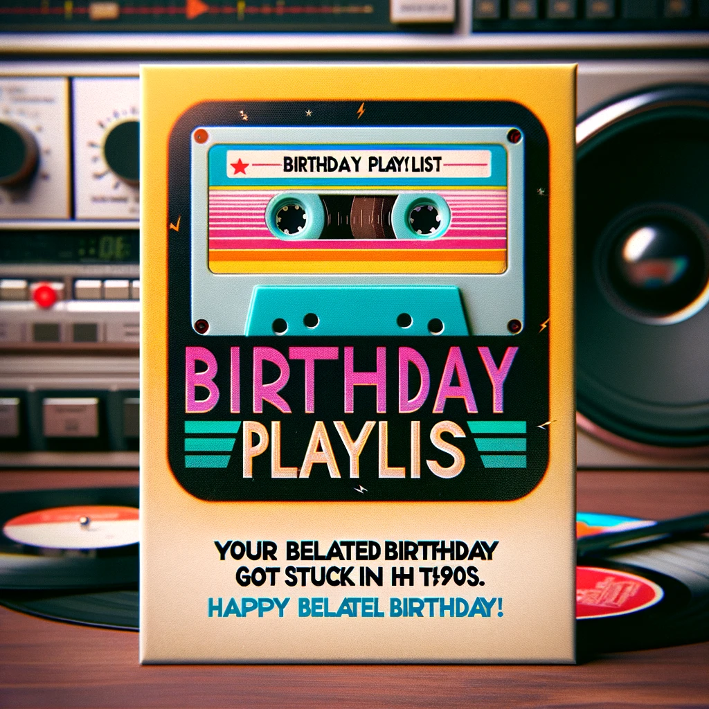 An image of a retro cassette tape with a label that reads “Birthday Playlist.” The tape should have a distinctly 90s look, with bright, nostalgic colors. It should be placed against a background that enhances the retro feel, like a boombox or a collection of vinyl records. The caption at the bottom says: "Your belated birthday mixtape got stuck in the 90s. Happy belated birthday!" The overall atmosphere of the image should be fun and reminiscent of the 1990s music era.