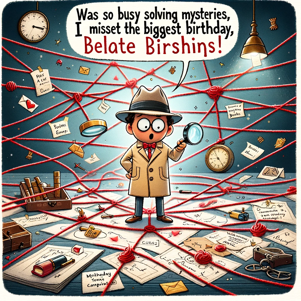 A cartoon image of a detective in a classic detective outfit, surrounded by a complex web of red strings connecting different clues on a board. The detective has an 'aha' moment expression, realizing they missed a birthday. The scene should be filled with whimsical and exaggerated detective elements, like magnifying glasses and mysterious documents. The caption reads: "Was so busy solving mysteries, I missed the biggest clue - your birthday! Belated wishes!" The overall tone is humorous and playful, highlighting the detective's forgetfulness amidst their busy case-solving.
