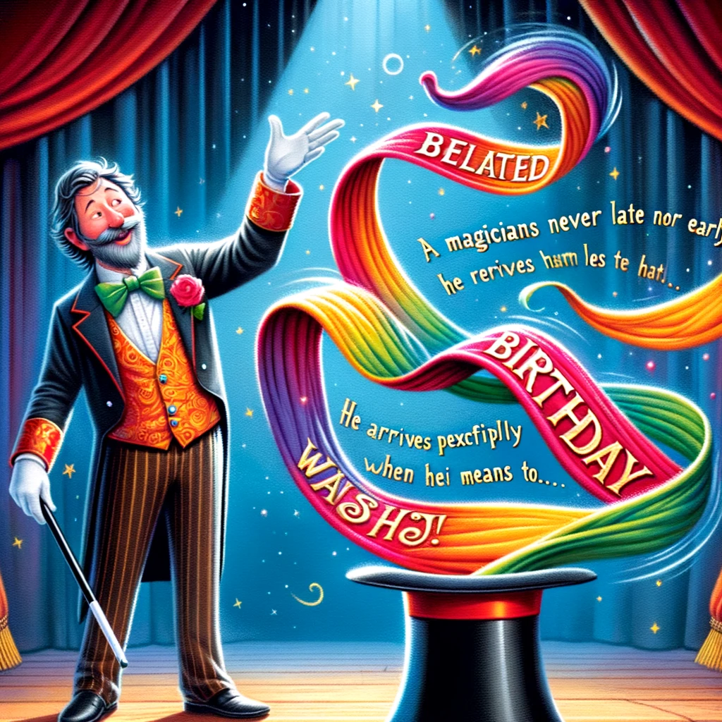An image of a magician in a traditional magician's outfit, pulling a never-ending colorful scarf out of a hat. The scarf should have the words “Belated Happy Birthday” appearing on it in a whimsical, magical font. The magician's expression should be one of playful surprise, as if the scarf keeps going unexpectedly. The background should be a stage with curtains to enhance the magical theme. The caption reads: "A magician is never late, nor is he early, he arrives precisely when he means to... for belated birthday wishes!" The overall atmosphere is enchanting and light-hearted.