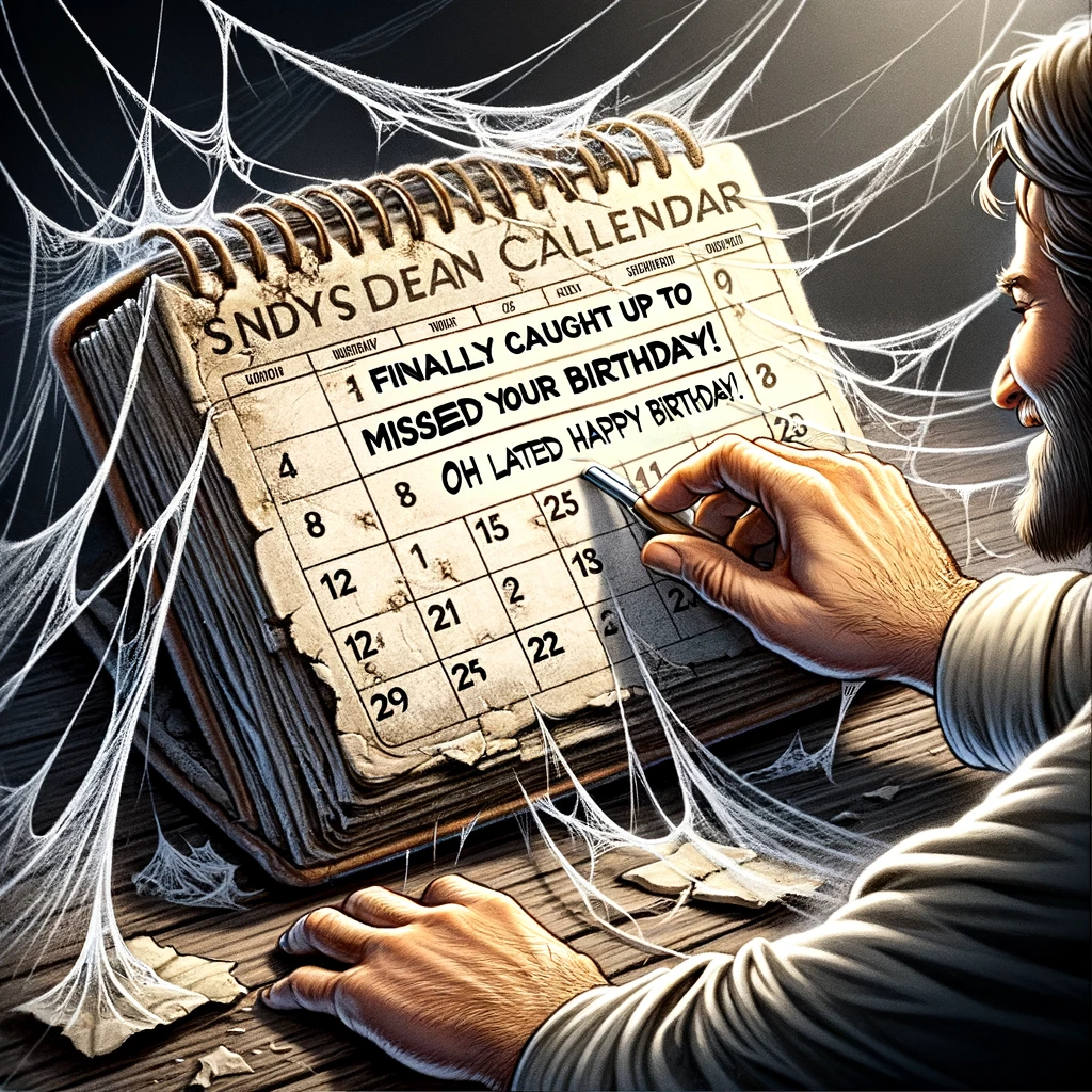 An image of someone flipping through an ancient, dusty calendar with cobwebs. The scene depicts a feeling of age and neglect, emphasizing the outdated aspect of the calendar. The person should appear surprised or dismayed, capturing the moment they realize they've missed a significant date. Include a caption at the bottom of the image that reads: "Finally caught up to the current date. Oh no, missed your birthday! Belated happy birthday!" The style should be humorous and a bit exaggerated to enhance the meme aspect.