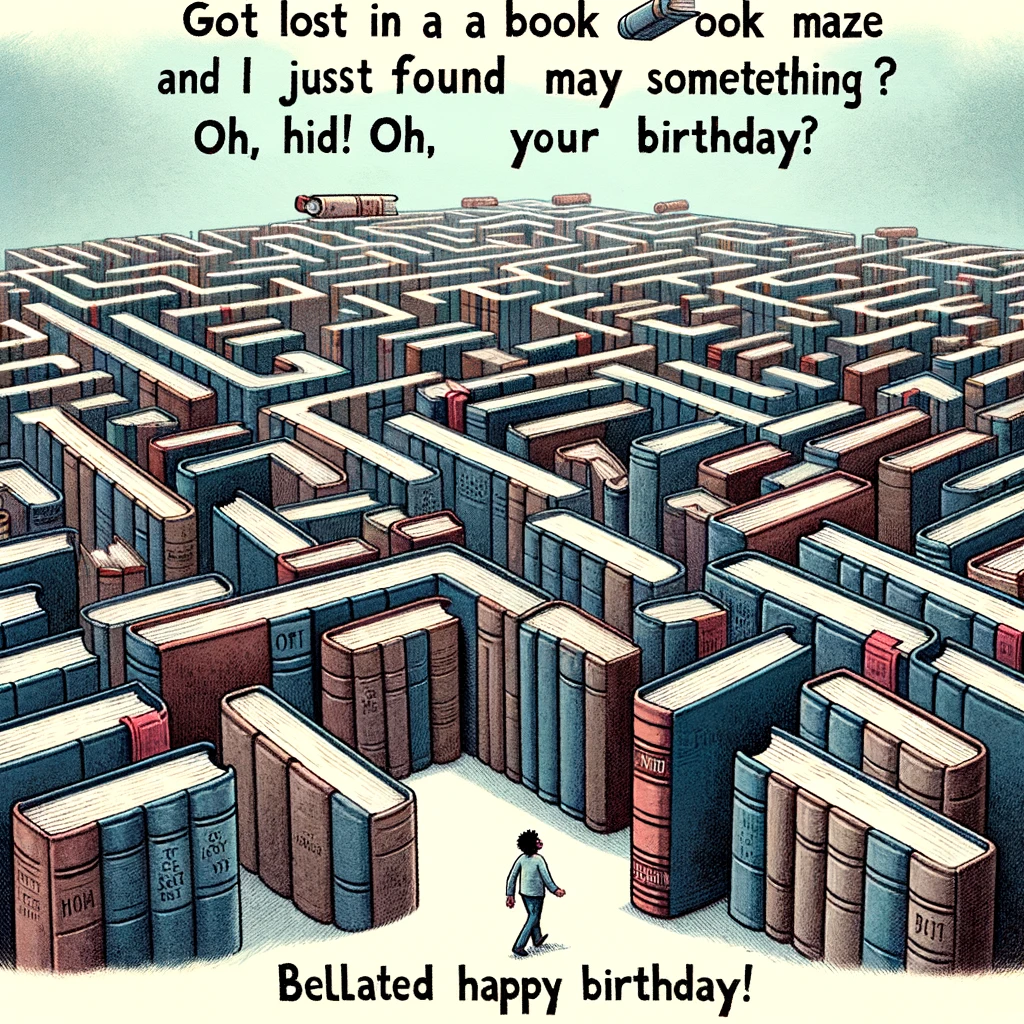 An illustration of someone lost in a labyrinth made of giant books. The books should appear towering and maze-like, with the person appearing small and bewildered in the midst of this book maze. The scene should convey a sense of being overwhelmed and lost. Add a caption at the bottom that reads: "Got lost in a book maze and just found my way out. Did I miss something? Oh, your birthday! Belated happy birthday!" The overall tone should be humorous and whimsical, capturing the playful nature of the concept.