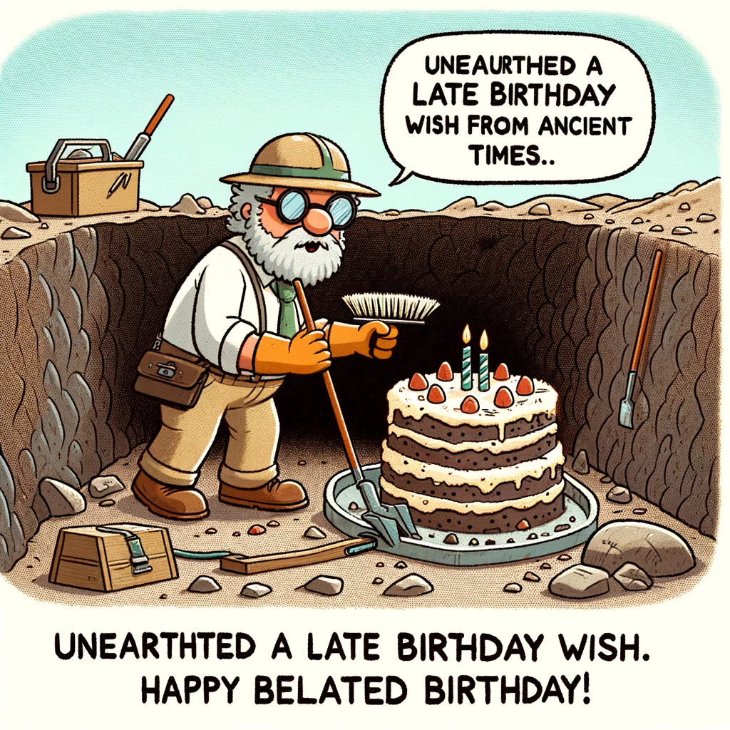 A cartoon illustration of an archaeologist uncovering a fossilized birthday cake in an excavation site. The archaeologist should be depicted with typical gear such as a hat, brush, and a look of discovery. The birthday cake fossil should be humorous, resembling a cake but clearly in fossil form. Include a caption at the bottom that reads: "Unearthed a late birthday wish from ancient times. Happy belated birthday!" The style should be playful and colorful, adding to the comedic and whimsical nature of the scene.