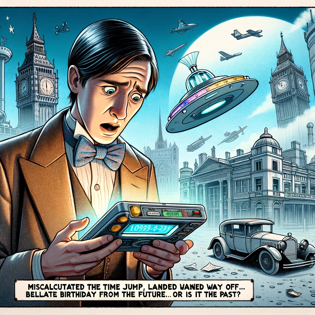 An image depicting a befuddled time traveler looking at a futuristic device, with historical landmarks in the background. The time traveler should appear confused and surprised, as if they've just realized their mistake. The background should blend different time periods, with a mix of past and future landmarks. Include a caption at the bottom of the image that reads: "Miscalculated the time jump, landed way off. Belated happy birthday from the future... or is it the past?" The style should be humorous and whimsical, emphasizing the playful confusion of time travel.