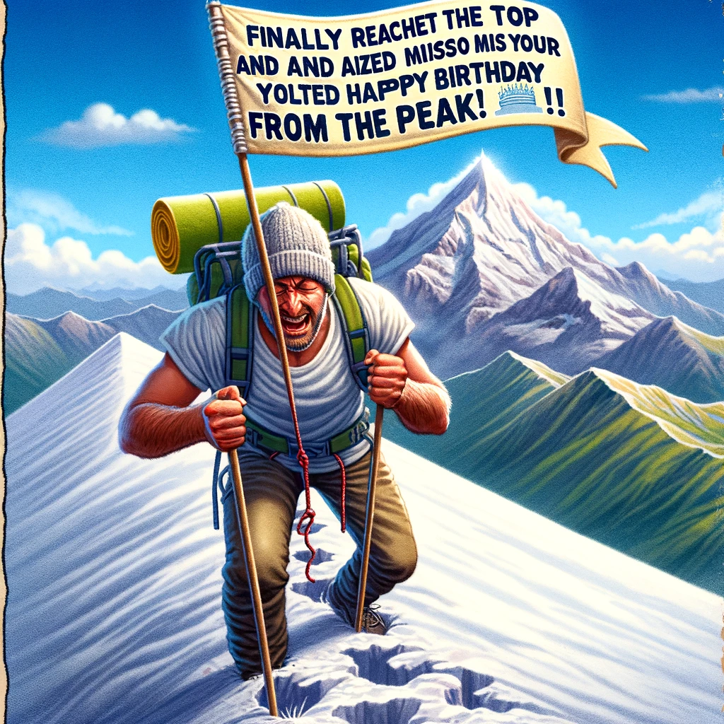 An image of an exhausted mountain climber reaching the summit, holding a flag that says "Belated Happy Birthday." The climber should look tired but triumphant, emphasizing the effort it took to climb the mountain. The background should depict a scenic mountain view. Include a caption at the bottom of the image that reads: "Finally reached the top and realized I missed your birthday down below. Belated happy birthday from the peak!" The style should be realistic yet infused with a sense of humor, capturing the irony of the situation.