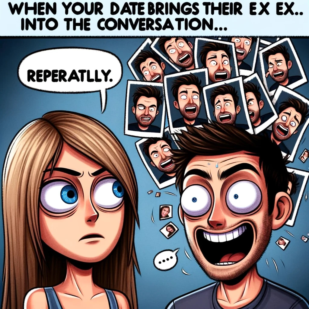 A funny image showing one person talking enthusiastically, with multiple photos of their ex floating around their head. The other person looks bored or horrified. The cartoonish style exaggerates the speaker's obliviousness and the listener's discomfort. The floating photos add a humorous touch, emphasizing the awkward topic. The caption reads: "When your date brings their ex into the conversation... repeatedly."