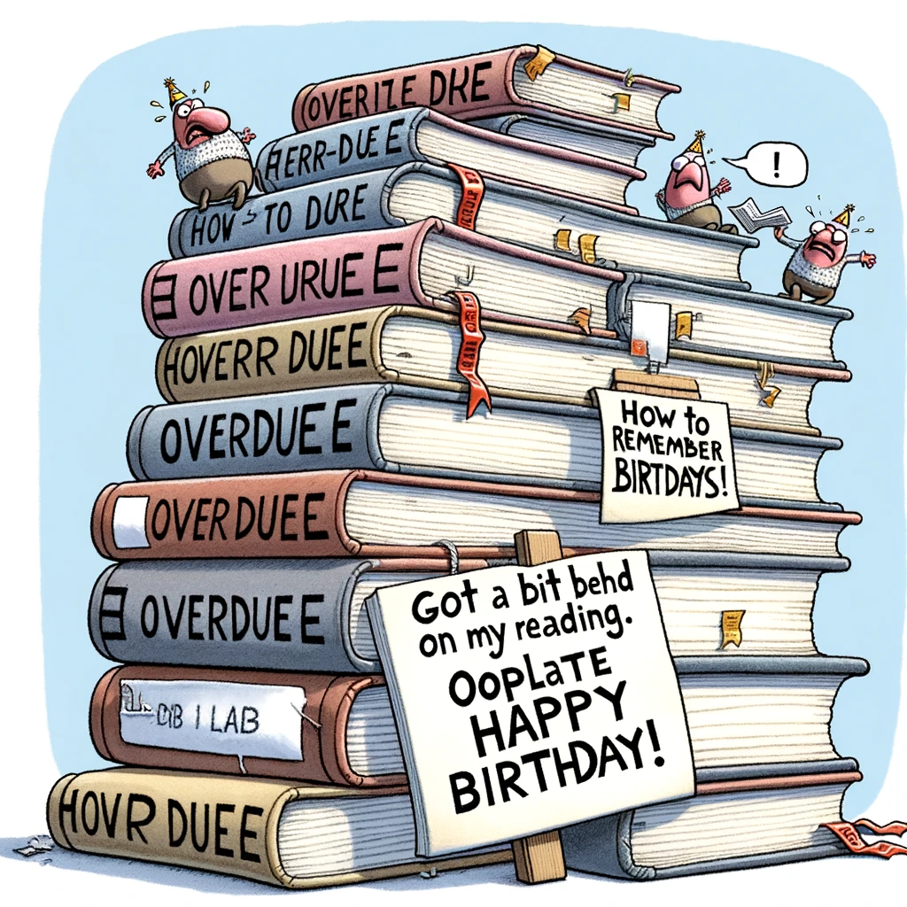 A humorous image featuring a stack of overdue library books, with one book prominently titled "How to Remember Birthdays." The books should appear comically tall and teetering, emphasizing the idea of being overdue. The scene should convey a sense of lighthearted chaos. Include a caption at the bottom that reads: "Got a bit behind on my reading. Oops, belated happy birthday!" The style should be cartoonish and exaggerated, making the scene funny and whimsical.