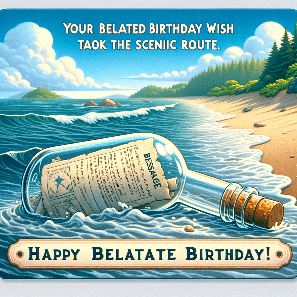 An image showing a message in a bottle washing up on a scenic shore. The bottle should be clear, with a visible paper message inside. The scene should capture the moment of the bottle reaching the beach, with waves gently lapping around it. Include a caption at the bottom that reads: "Your belated birthday wish took the scenic route. Happy belated birthday!" The style should be picturesque and serene, with a touch of whimsy to convey the idea of a journeyed birthday wish.