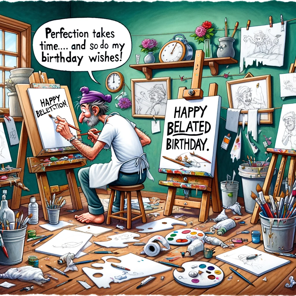 A comical scene of an artist in a studio surrounded by half-finished paintings, including a belated birthday card. The artist should appear distracted and a little disorganized, with paintbrushes, palettes, and art supplies scattered around. One of the paintings should clearly be a birthday card with the words "Happy Belated Birthday" half completed. Include a caption at the bottom that reads: "Perfection takes time... and so do my belated birthday wishes. Happy belated birthday!" The style should be humorous and exaggerated, highlighting the artist's procrastination in a light-hearted way.