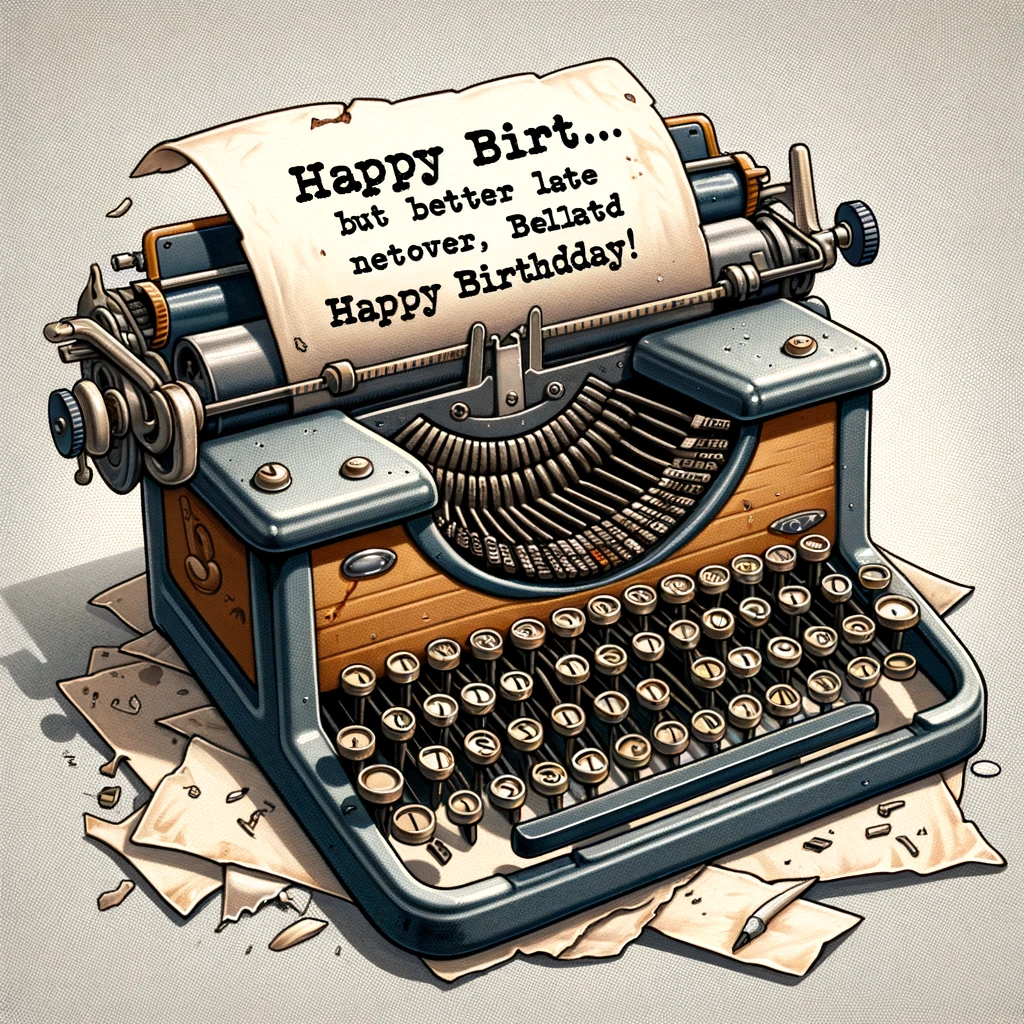 An image of a vintage typewriter with a paper that reads "Happy Birt..." and the rest of the text is jumbled. The typewriter should appear old-fashioned and slightly malfunctioning, with the keys in disarray. The scene should capture the humorous frustration of a typewriter jam. Include a caption at the bottom that reads: "Typewriter jammed, but better late than never. Belated happy birthday!" The style should be nostalgic and comical, reflecting the charm of vintage technology and the amusing situation.