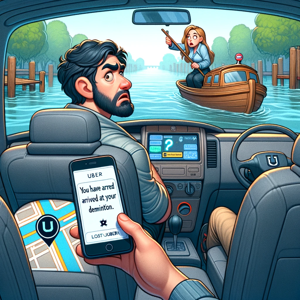 Lost Uber Driver: An Uber driver looking confused and bewildered, sitting in a boat on a river. The GPS on the dashboard displays a message, "You have arrived at your destination," while the passenger in the backseat also looks bewildered and surprised.
