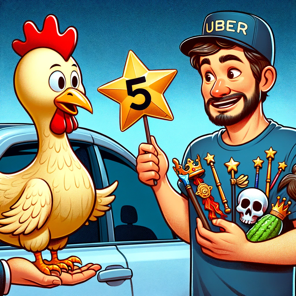Five-Star Rating Negotiation: An Uber passenger humorously offering various items to an Uber driver for a five-star rating. The items include a rubber chicken, a magic wand, and a toy crown. The Uber driver appears amused and slightly confused by the offers.