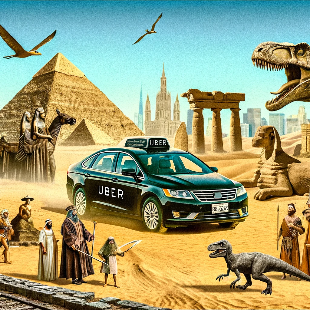 Time Travel Uber: A creative depiction of an Uber car photoshopped into various historical scenes. The scenes include ancient Egypt with pyramids, medieval times with castles, and a prehistoric era with dinosaurs. The caption reads, "When your Uber driver really knows shortcuts."