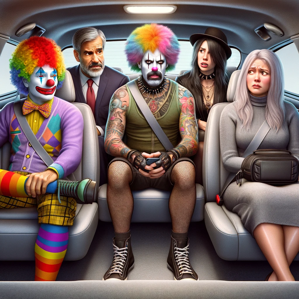 Uber Pool Awkwardness: An Uber car packed with a diverse and eclectic mix of passengers. The passengers include a clown, a businessman, a goth teen, and a grandma, all sitting awkwardly in an Uber Pool. They look at each other with expressions of confusion and discomfort.