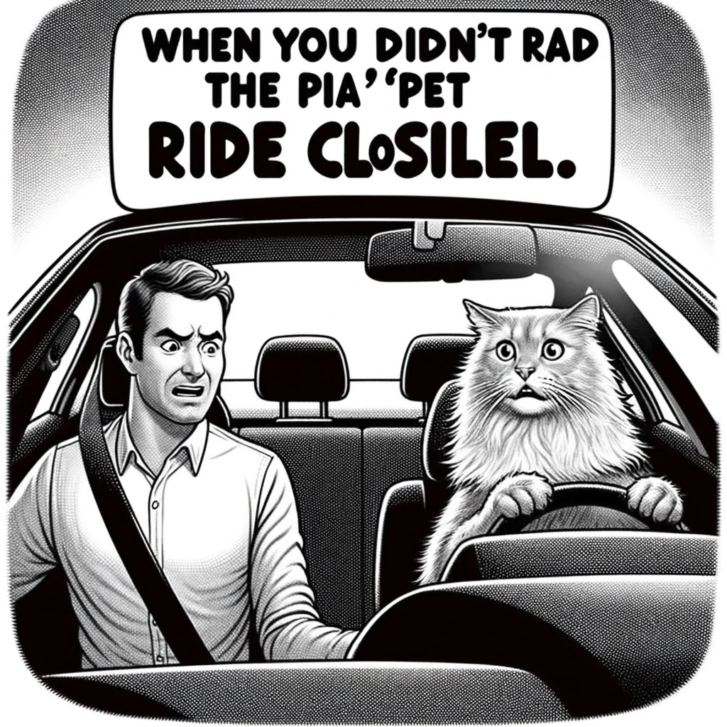 Pet Ride Confusion: A humorous scene with a cat or dog in the driver's seat of an Uber. A confused passenger is entering the car, looking surprised at seeing the pet as the driver. The caption reads, "When you didn't read the 'Pet Ride' option closely."