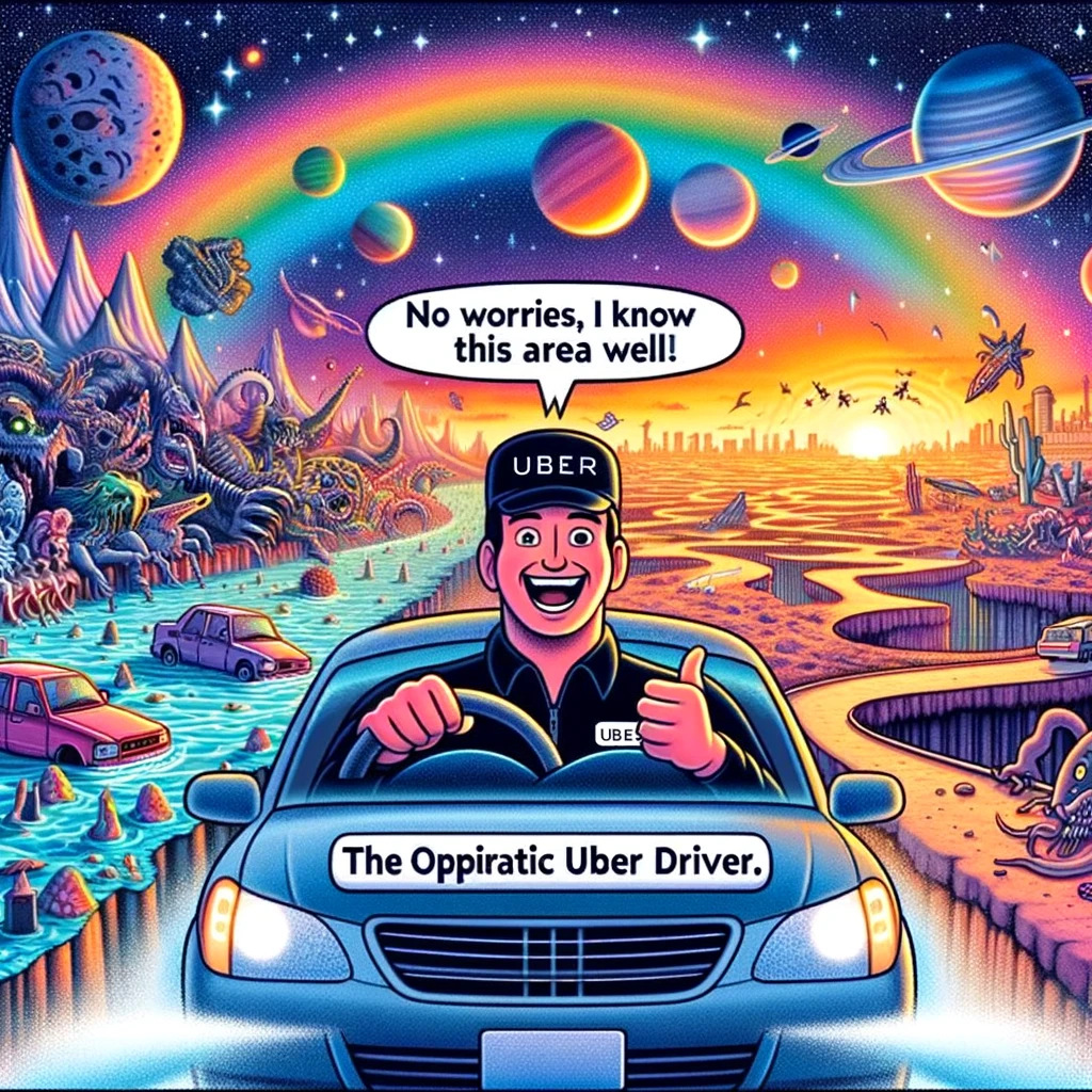 The Optimistic Uber Driver: An Uber driver cheerfully driving through a ridiculously challenging road. The road scenarios include a road in space with stars and planets, a road over a rainbow in the sky, and a road through a post-apocalyptic landscape. The driver says, "No worries, I know this area well!"