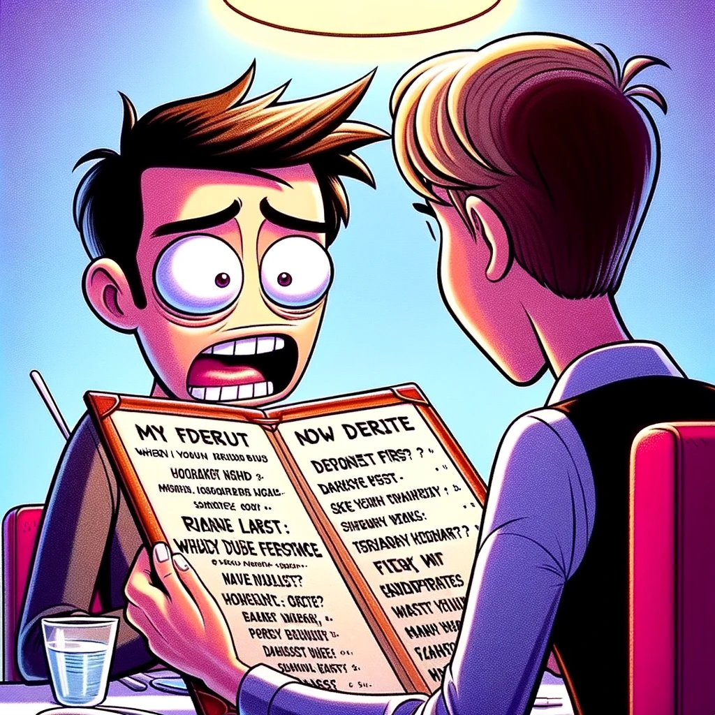 A humorous image of a person staring bewildered at a menu full of unfamiliar food items, while their date looks on, ready to order. The cartoonish style emphasizes the confusion and surprise on the bewildered person's face. The menu should have odd and difficult-to-pronounce names to highlight the dilemma. The scene is lighthearted and comical. The caption reads: "When you try a new cuisine on your first date and regret it instantly."