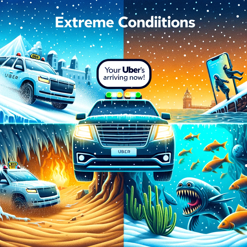 Extreme Conditions Uber: An Uber car driving through extreme conditions. The scenarios include driving through deep snow, a hot desert, and underwater with fishes swimming around. The passenger is shown receiving a notification on their phone that reads, "Your Uber is arriving now!" amidst these extreme conditions.