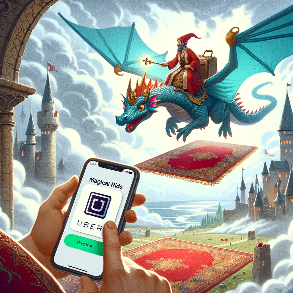 The Magical Uber: A whimsical and fantasy-themed Uber ride. The Uber could be a flying carpet soaring through the clouds or a majestic dragon flying above a medieval landscape. The passenger is checking the Uber app in surprise, with a caption, "When you choose the 'Magical Ride' option by mistake."