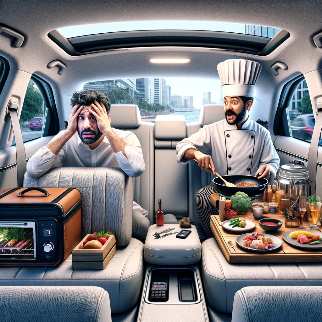 Gourmet Uber Ride: An Uber interior transformed into a fancy dining setup. The front seat features a chef cooking, complete with a small stove and kitchen utensils. The backseat is transformed into a dining area with a table, where a bewildered passenger sits. The caption reads, "When you accidentally hit 'Uber Eats' instead of 'UberX'."