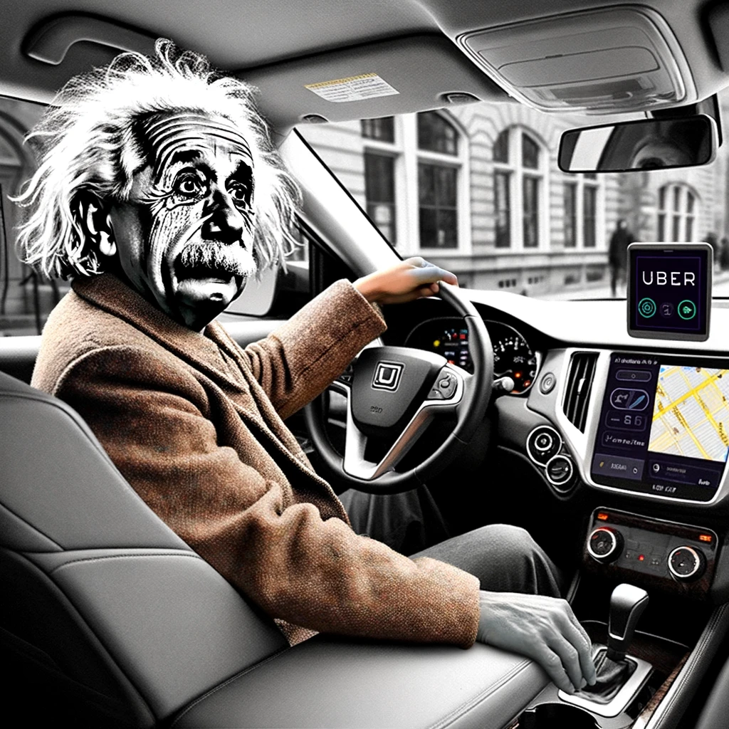 A humorous meme image featuring Albert Einstein as an Uber driver. He is sitting in the driver's seat of a modern car, looking bewildered and puzzled as he tries to figure out how to use a modern GPS navigation system. The car's interior shows elements typical of an Uber, like a phone mount and Uber signage. Einstein's expression is comically exaggerated to emphasize his confusion with the technology. A caption at the bottom reads, 'When your Uber driver is a bit too experienced.' The overall tone is light-hearted and funny.