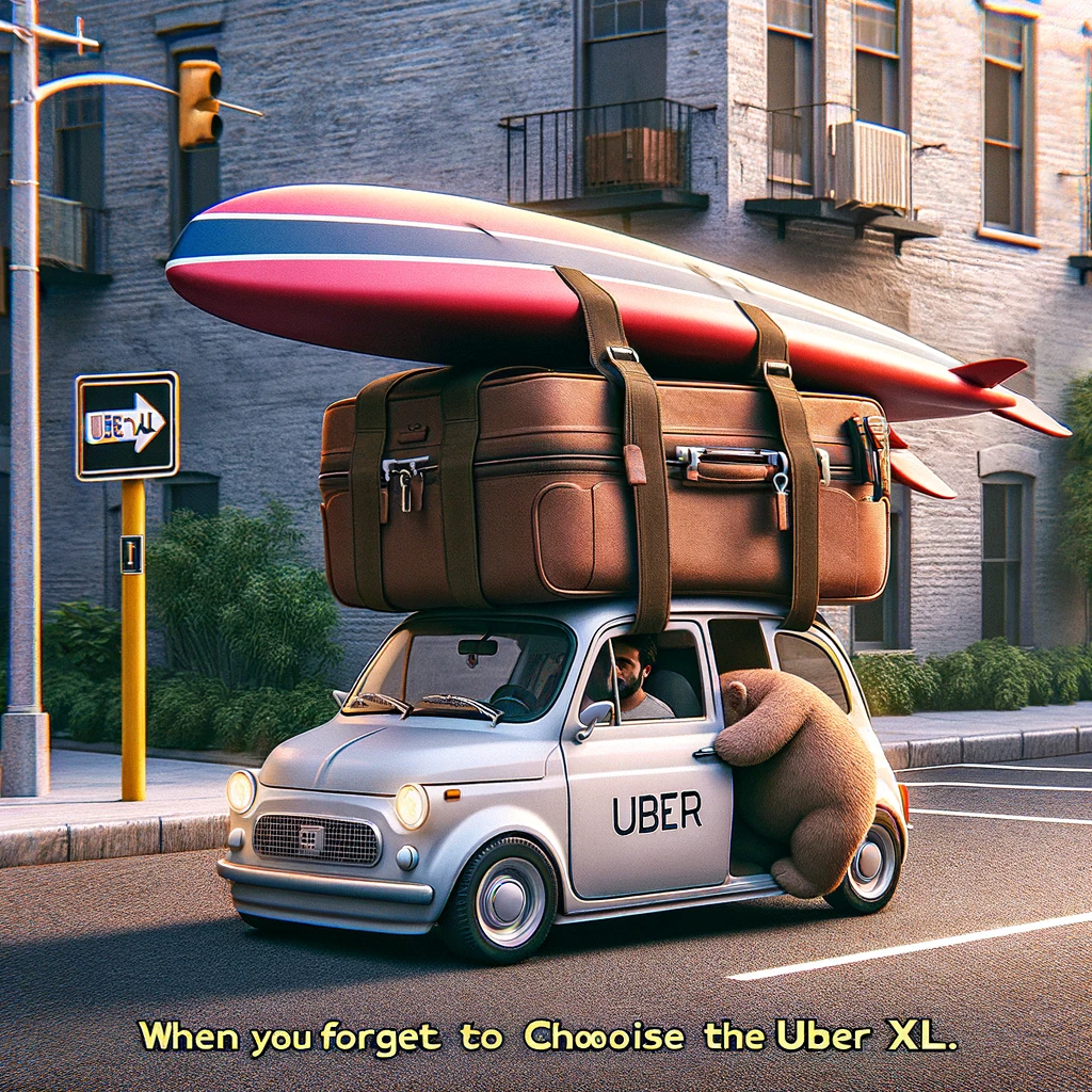 Image of a comically small car, labeled as an Uber, with an oversized luggage like a surfboard or a giant teddy bear unsuccessfully being crammed into it by a passenger. The scene is humorous, emphasizing the size mismatch. The caption reads, 'When you forget to choose the Uber XL.' The setting should be a typical urban street to give a realistic feel to the otherwise funny situation.