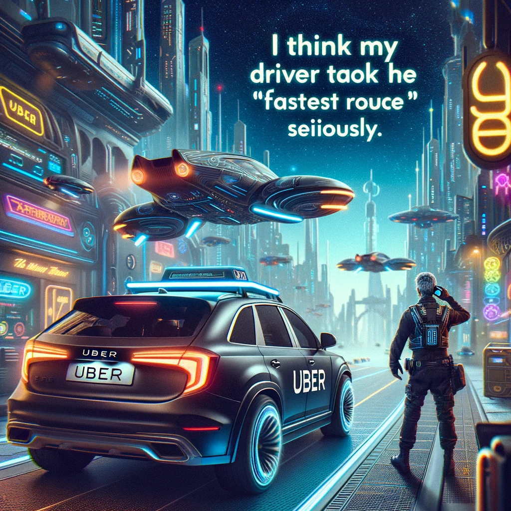 Image of an Uber car photoshopped into a futuristic scene, like a space station or a city with flying cars. A passenger inside the car is depicted saying, 'I think my driver took the 'fastest route' too seriously.' The car should appear driving amidst futuristic elements like hovering vehicles, sleek buildings, and neon lights. The scene should be a blend of modern-day Uber with a distinctly sci-fi environment to create a humorous contrast.