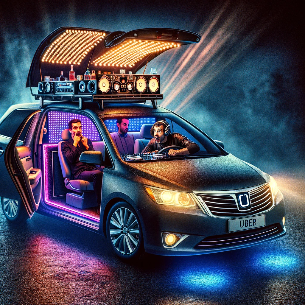 Image of an Uber car turned into a nightclub on wheels. The car interior is transformed into a mini DJ booth with disco lights, while the Uber driver is acting as the DJ. A passenger in the car looks either amazed or overwhelmed by this scene. The outside of the car should look normal, emphasizing the surprise of the nightclub-like interior. The image should capture the humorous and unexpected transformation of a typical Uber ride into a party experience.