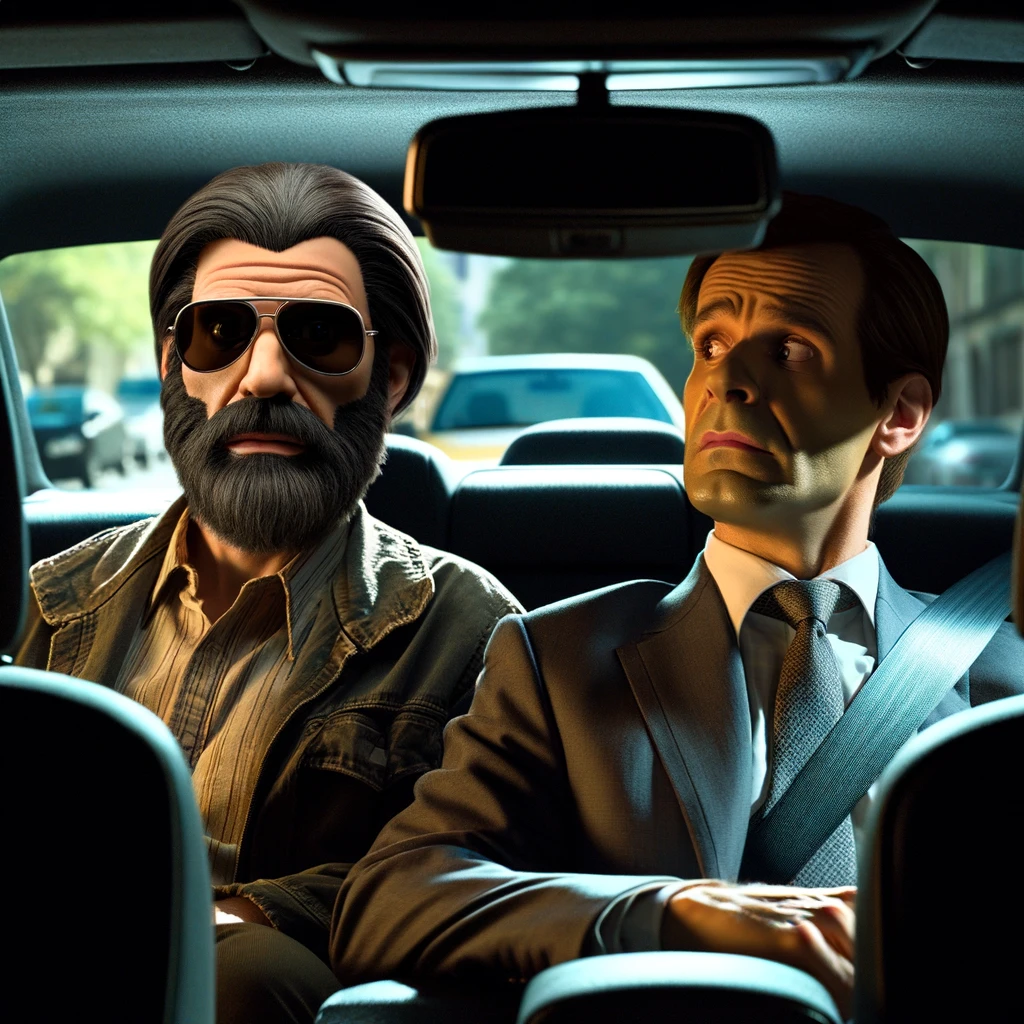 Image of a celebrity in disguise as an Uber driver, with a passenger sitting in the car, oblivious to the driver's true identity. The celebrity should be in a convincing disguise that makes them look like an everyday Uber driver, while still maintaining subtle hints of their fame. The passenger should have a puzzled or thoughtful expression, as if they feel the driver looks familiar. The caption reads, 'Sometimes your Uber driver just seems a bit too familiar.' The scene should be set inside a car to give a realistic Uber ride feel.