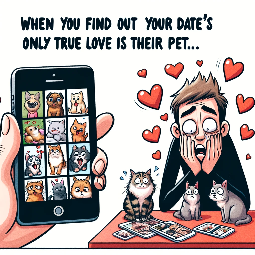 An image showing one person on the date obsessively showing pictures of their pets on their phone, while the other person looks overwhelmed and confused. The cartoonish style exaggerates the pet lover's enthusiasm and the date's discomfort. The screen of the phone displays an array of cute pet photos. The scene is humorous and captures the obsession amusingly. The caption reads: "When you find out your date's only true love is their pet."