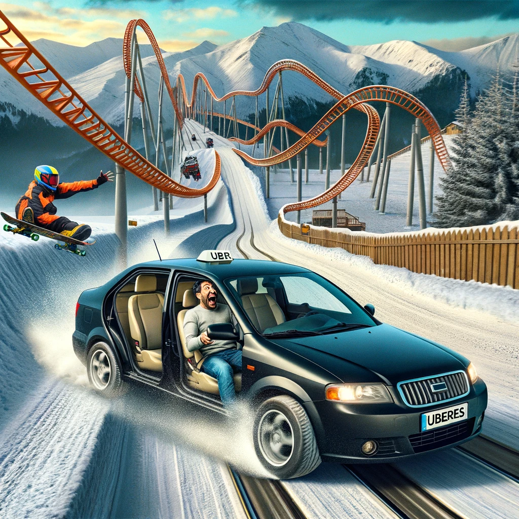 Image of an Uber car photoshopped onto an extreme location like a roller coaster track, ski slope, or skateboard ramp. Inside the car, a passenger appears either thrilled or terrified by the unusual route. The car should be depicted in motion, emphasizing the excitement or fear of the passenger. The scene should be humorous, with a caption reading, 'When your driver takes the 'exciting route' option.' The setting should be adventurous, like an amusement park or mountain slope, to enhance the comedic effect.