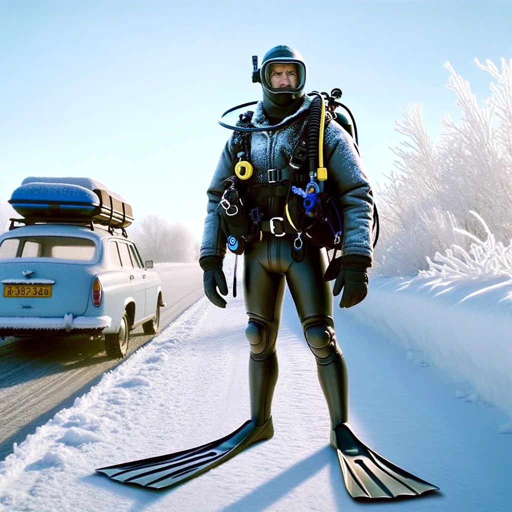 Image of a passenger in scuba gear standing in a snowy landscape, or vice versa, a passenger in winter clothing underwater. The scene should depict the passenger looking confused and out of place. The humorous mismatch between the gear and the environment should be evident. A caption reads, 'When there's a slight mix-up in your Uber destination.' This image should emphasize the absurdity and humor of arriving at a completely inappropriate destination for the attire.