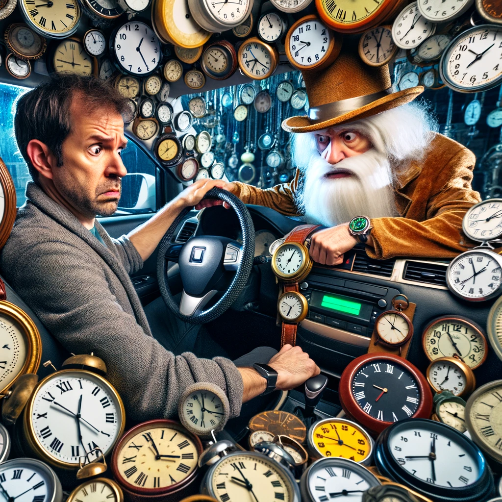 Image showing a passenger looking anxiously at their watch in a car filled with various clocks. The Uber driver is dressed as Father Time, adding to the whimsical nature of the scene. The car's interior should be overflowing with clocks of different styles and sizes, emphasizing the theme of time. The caption reads, 'When you said you were in a hurry, but your Uber driver took it too literally.' The image should capture the humorous exaggeration of being time-sensitive in an Uber ride.