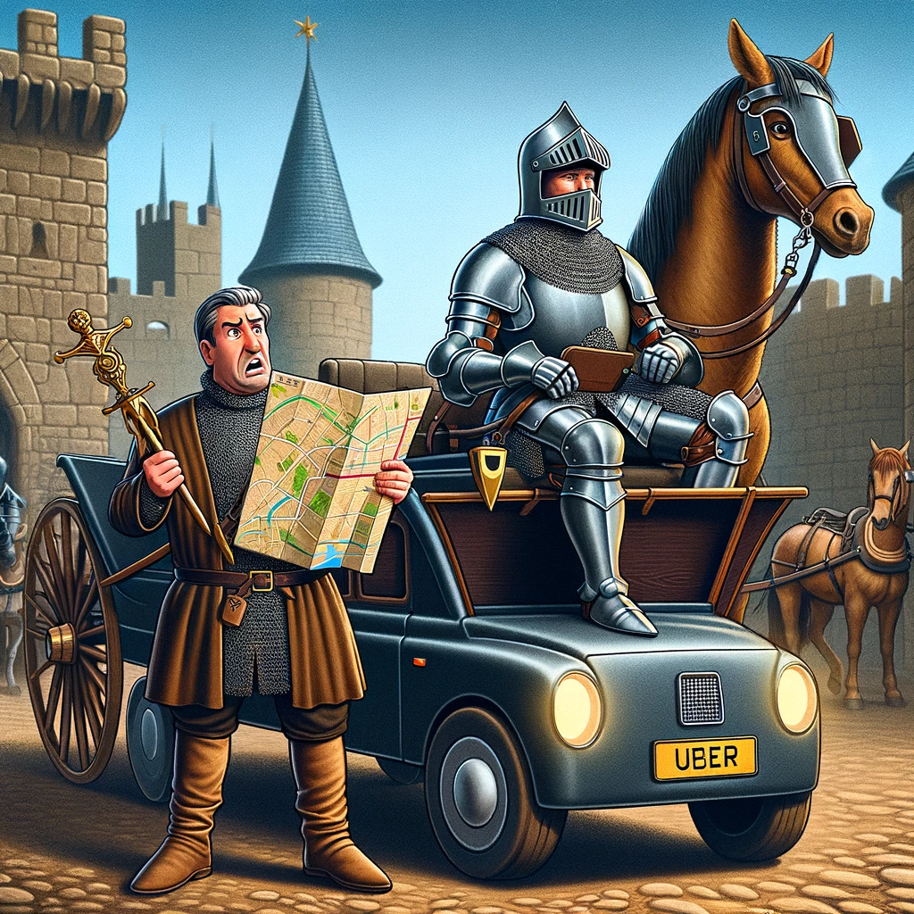 Image depicting a medieval-themed Uber ride. The Uber driver is dressed in full knight armor, with a horse and carriage replacing the traditional car. A passenger, equipped with a map, displays a confused expression, humorously contrasting the modern concept of ride-sharing with the medieval setting. The scene should be set in a historical setting with castles or medieval architecture in the background, emphasizing the time-period mismatch in a lighthearted way.