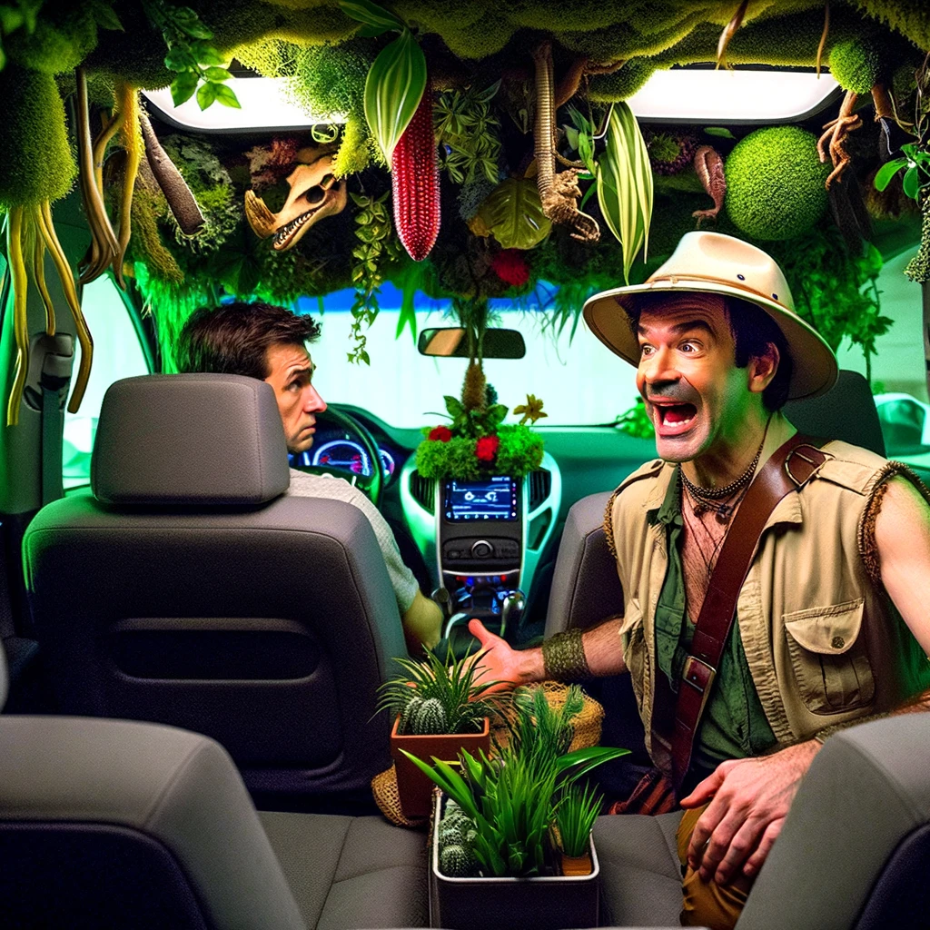 An Uber driver with an over-the-top car interior that looks like a mini jungle, filled with lush green plants and vines. The driver, enthusiastic and dressed in a safari outfit, is eagerly explaining the decor to a bemused passenger sitting in the backseat. The caption reads, "When your Uber ride is more adventurous than your destination."