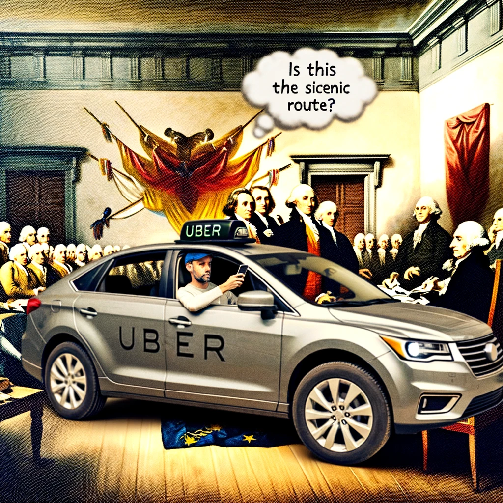 An Uber car photoshopped into a historical event, specifically the signing of the Declaration of Independence. A confused passenger in modern clothing is in the backseat asking, "Is this the scenic route?" The surroundings include historical figures like Benjamin Franklin and Thomas Jefferson in a colonial room signing the document.