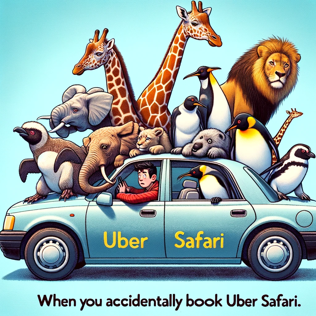 Various animals like a giraffe, a penguin, and a lion packed into an Uber car. A human passenger is sitting among them, looking confused. The scene is humorous with animals awkwardly fitting in the car, some poking their heads out of windows. The caption reads, "When you accidentally book Uber Safari."
