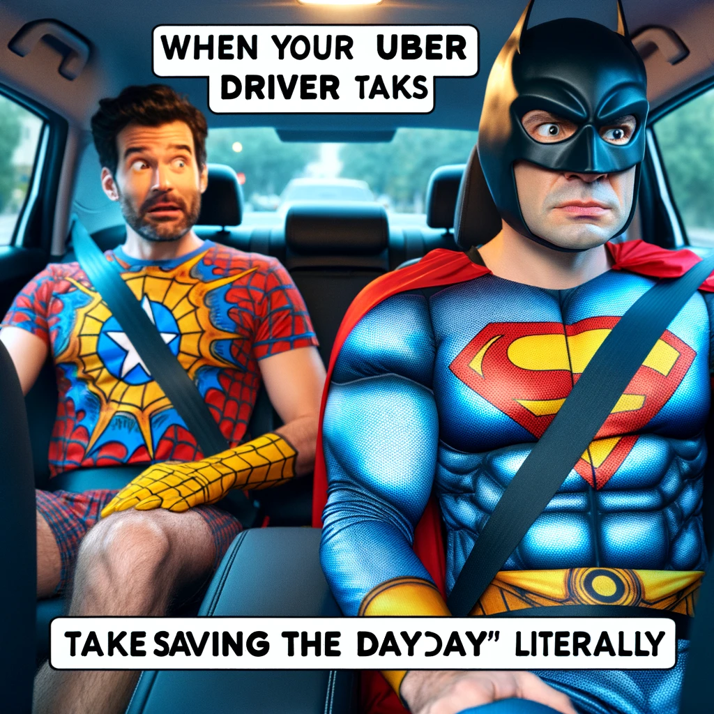 A superhero-themed Uber with the driver dressed in a superhero costume, complete with a cape and mask. The passenger in the backseat looks either thrilled or extremely skeptical. The car interior is decorated with superhero memorabilia. The caption reads, "When your Uber driver takes 'saving the day' literally."