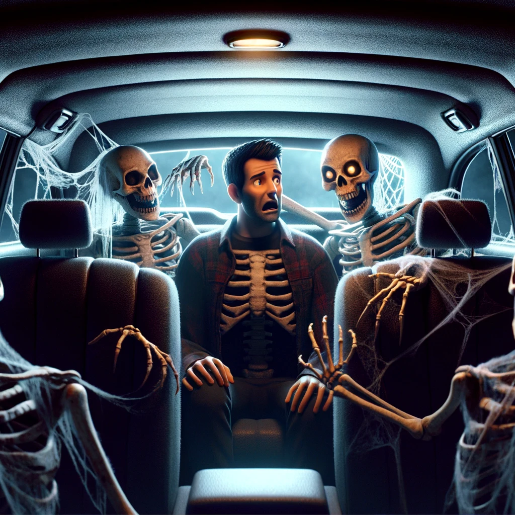 A spooky, Halloween-themed Uber with ghostly figures or skeletons as passengers. A scared human passenger is in the backseat. The car interior is dark and eerie, with cobwebs and dim lighting, creating a haunted atmosphere. The caption reads, "When you ride Uber on October 31st."