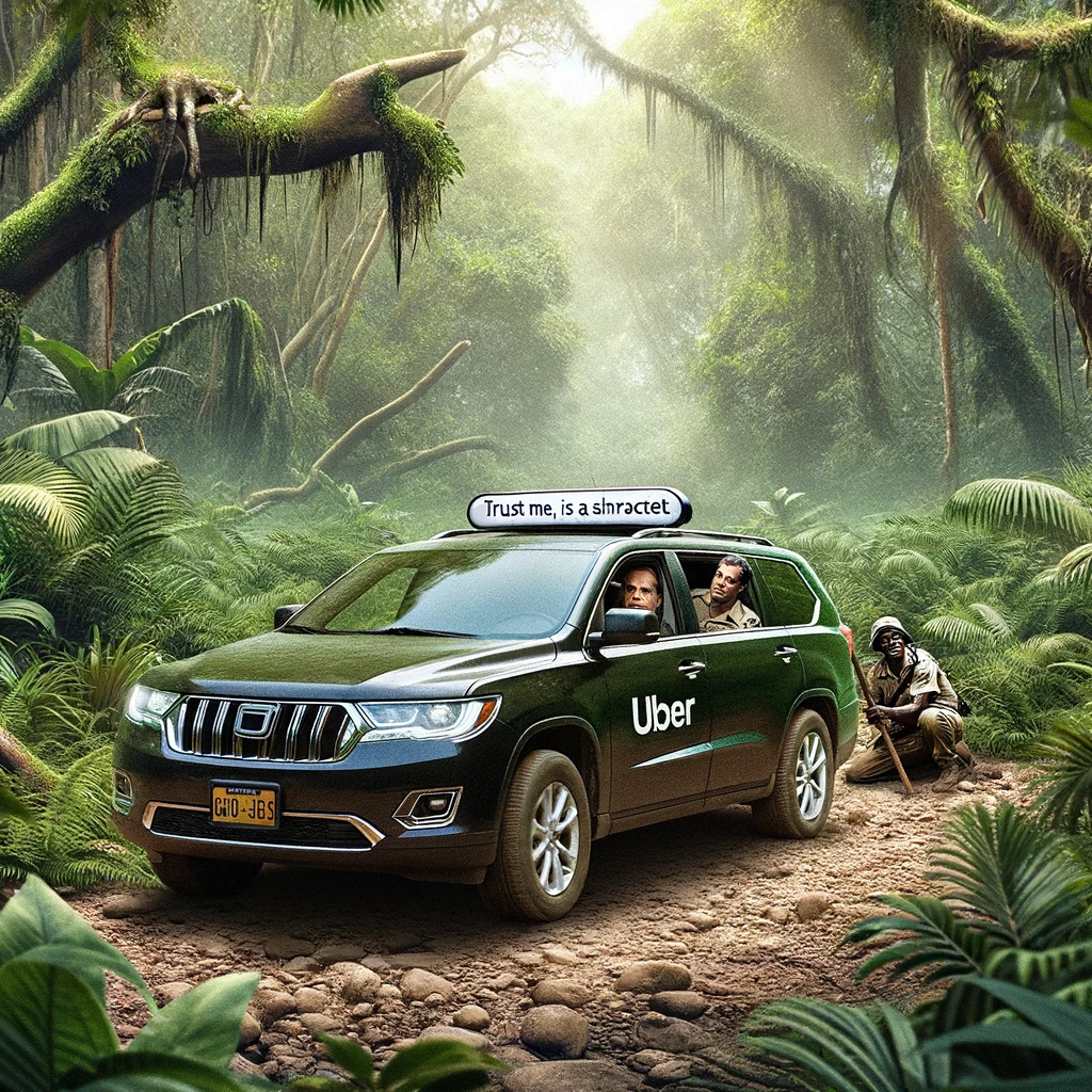 An Uber car photoshopped into an extreme wilderness setting, like a dense jungle. The driver looks confident, saying, "Trust me, this is a shortcut." The passenger is in the backseat, looking bewildered at the surrounding wilderness. The scene is humorous, highlighting the contrast between the urban Uber car and the untamed jungle environment.