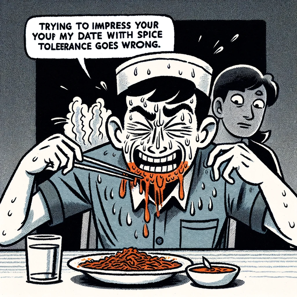 A comical image of one person sweating profusely and trying to maintain composure while eating extremely spicy food, as their date looks on amused. The cartoonish style emphasizes the struggle and discomfort faced by the person eating spicy food. The scene is exaggerated and humorous, showing the person's reaction to the spice intensity. The caption reads: "Trying to impress your date with your spice tolerance goes wrong."