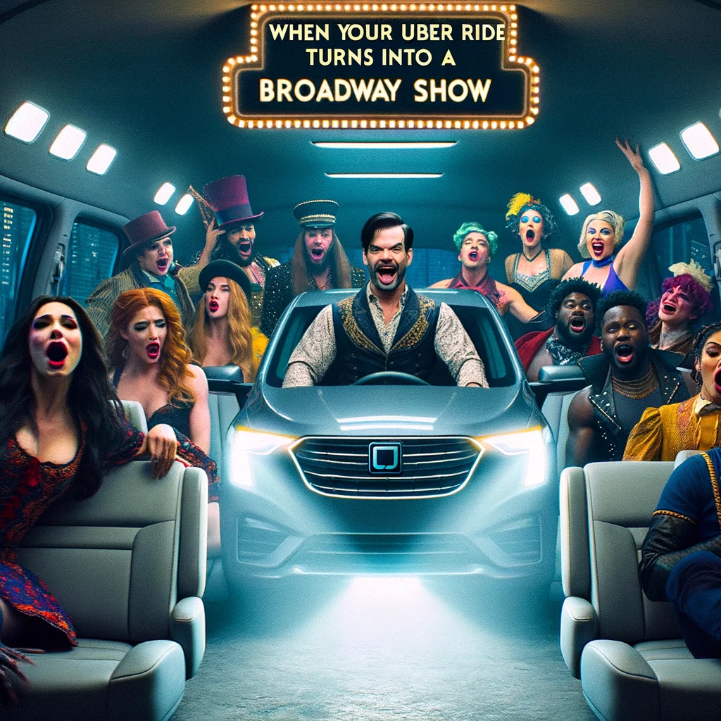 An Uber where the driver and passengers suddenly break into a musical number. The interior of the car is transformed into a stage-like setting, complete with costumes and choreography. The passengers are dressed in theatrical outfits, singing and dancing. The caption reads, "When your Uber ride turns into a Broadway show."