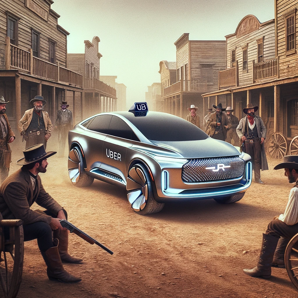 A futuristic, sci-fi style Uber car in a historical setting like the Wild West. The car looks sleek and modern, contrasting with the dusty, old-fashioned Wild West town. People dressed in cowboy attire look perplexed at the car. The caption reads, "When your Uber is a bit too ahead of its time."