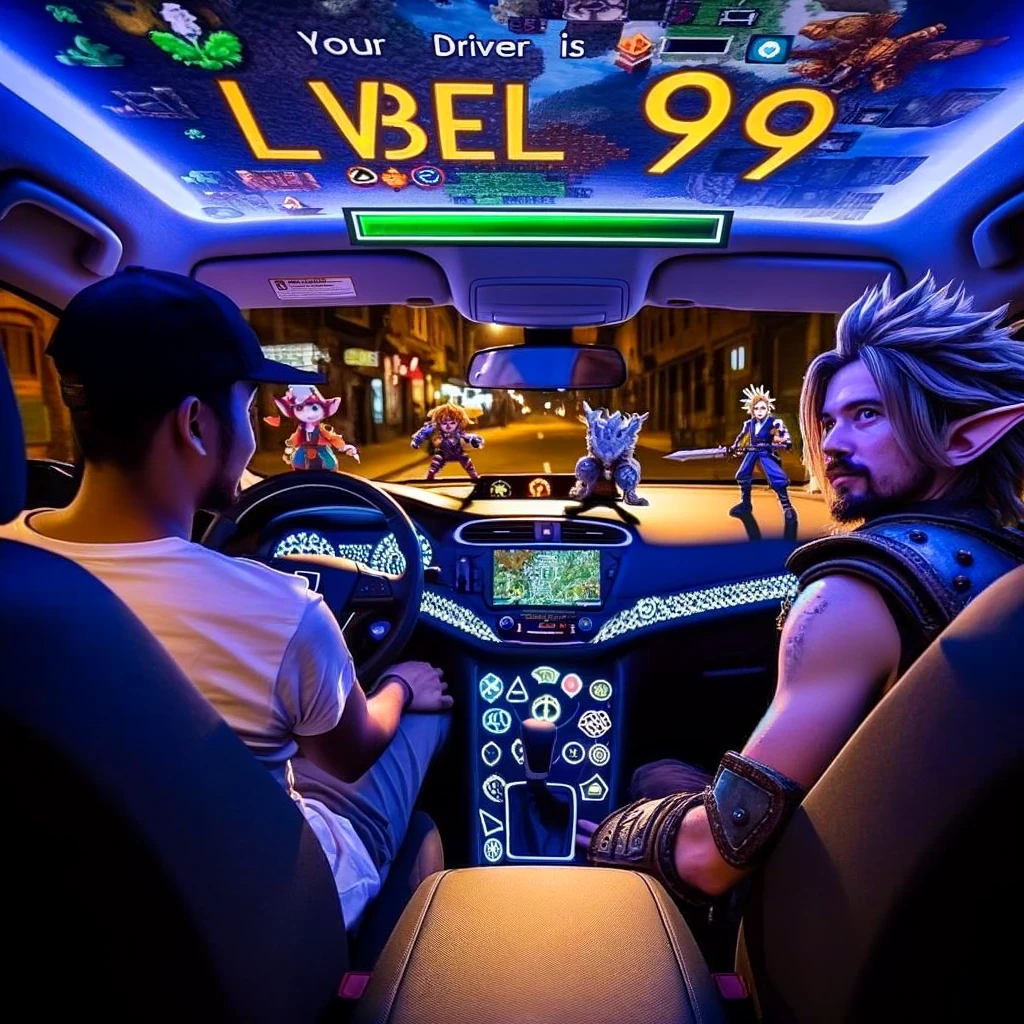 The interior of an Uber car looking like a famous video game scene, with the driver and passenger dressed as game characters. The car is transformed to resemble a game environment, complete with digital graphics and game-themed decorations. The driver looks like a high-level game character, and the passenger is amused. The caption reads, "When your driver is a level 99 Uber master."